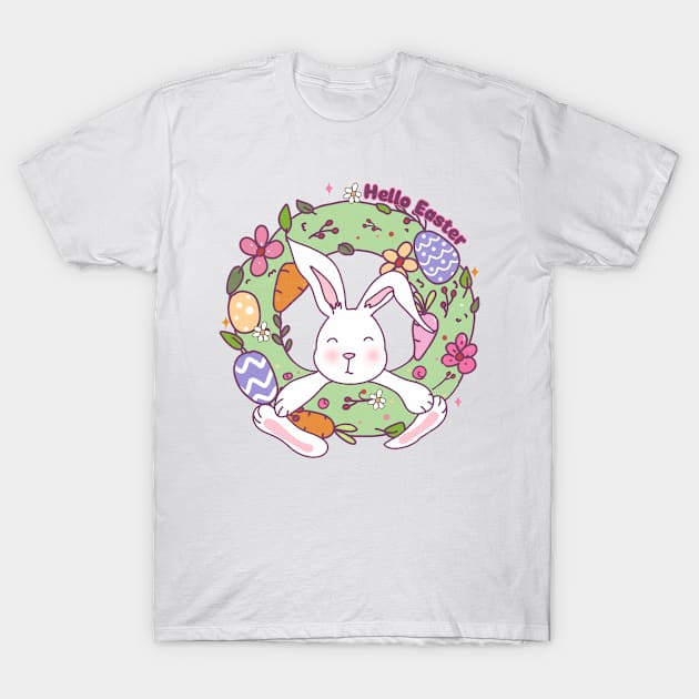 hello easter wreath bunny T-Shirt by aprilio